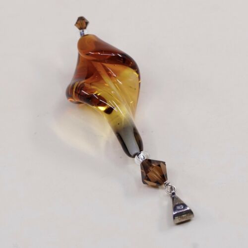 Vtg sterling silver handmade pendant, solid 925 W/ Twisted Orange Glass