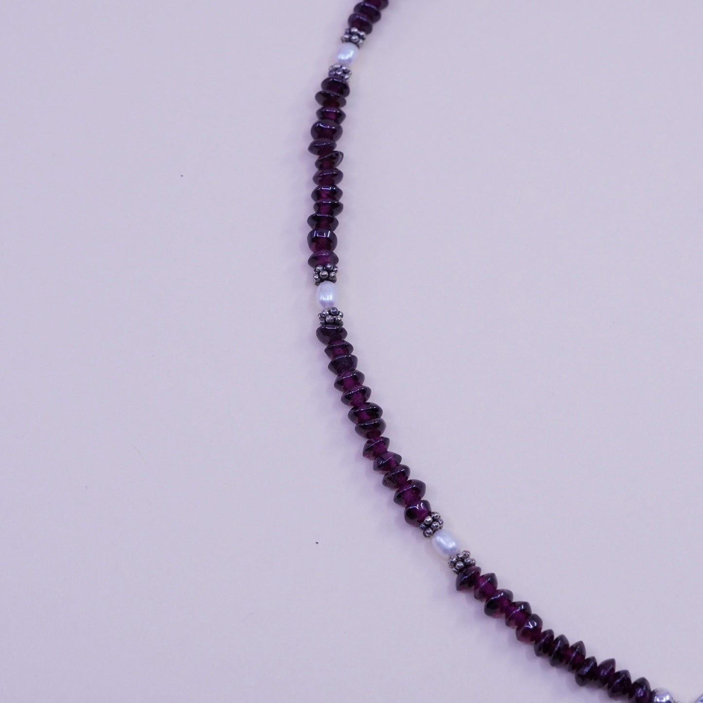 16”, Vintage Israel Handmade garnet bead necklace w/ sterling 925 silver heart