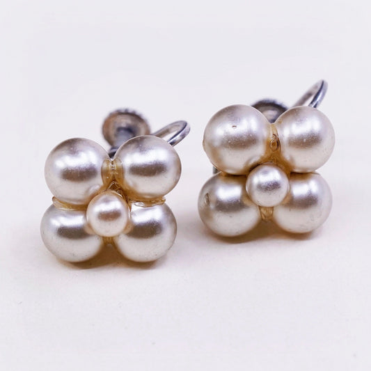 Vintage sterling silver handmade earrings, 925 screw back with pearl