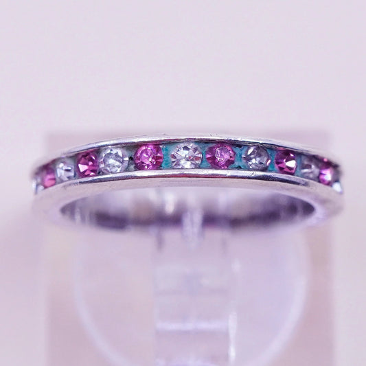 Size 5, sterling 925 silver handmade ring, engagement band with pink clear cz