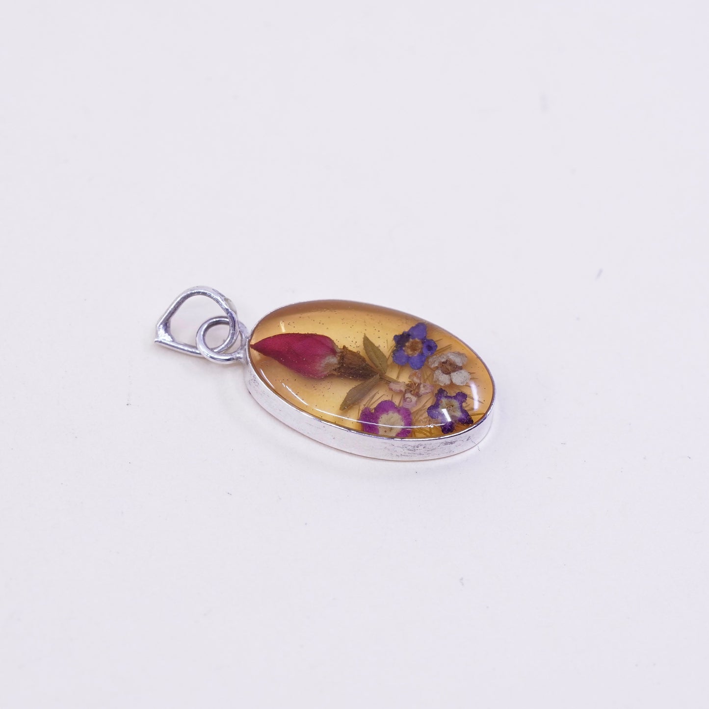 Vintage Sterling silver handmade pendant, mexico 925 resin with flower pendant