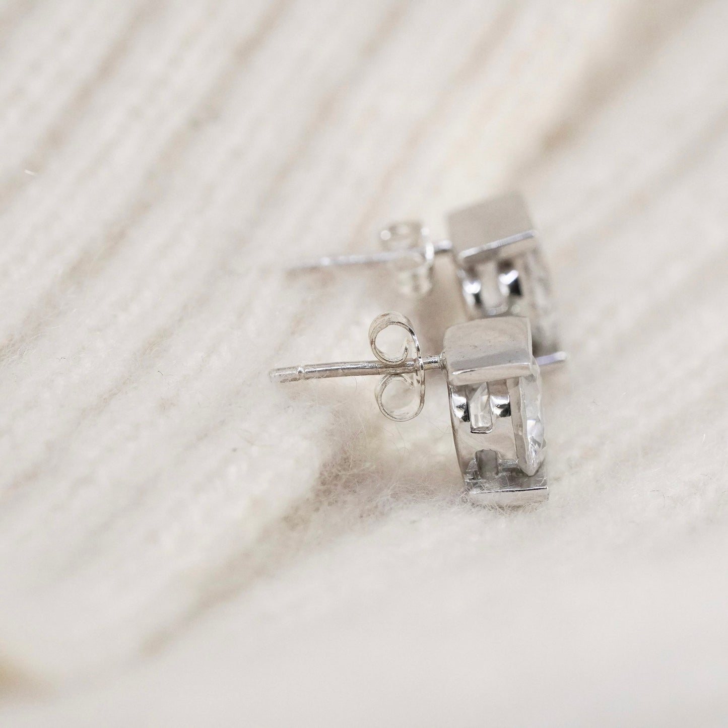 Vintage sterling silver square clear CZ studs, fashion minimalist earrings