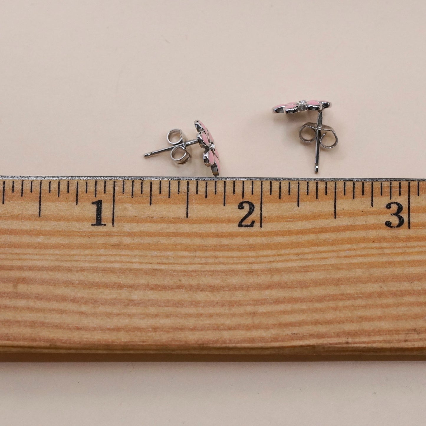 Vintage sterling 925 silver pink enamel plumeria flower studs with clear cz