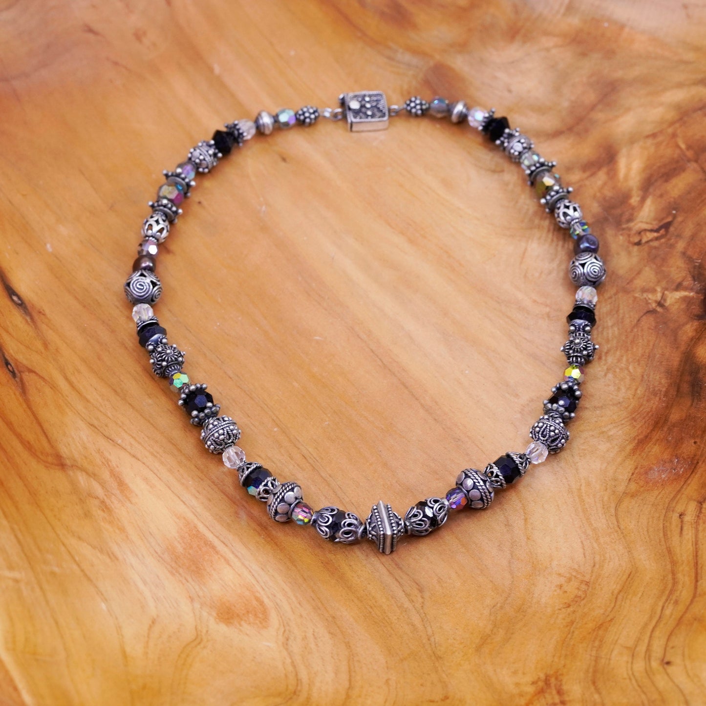 16”, sterling 925 silver handmade necklace with obsidian crystal and Bali beads