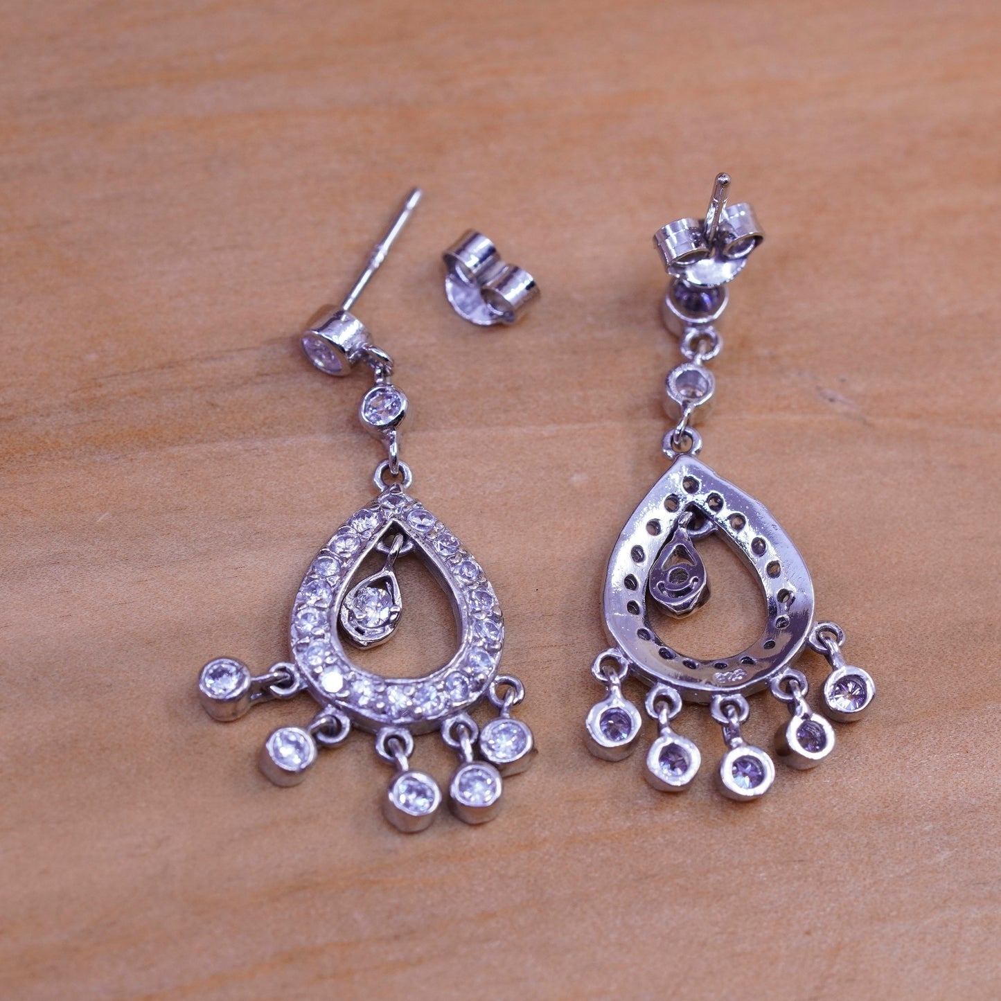 Vintage ATI Sterling silver earrings, 925 teardrops with cluster Cz Around