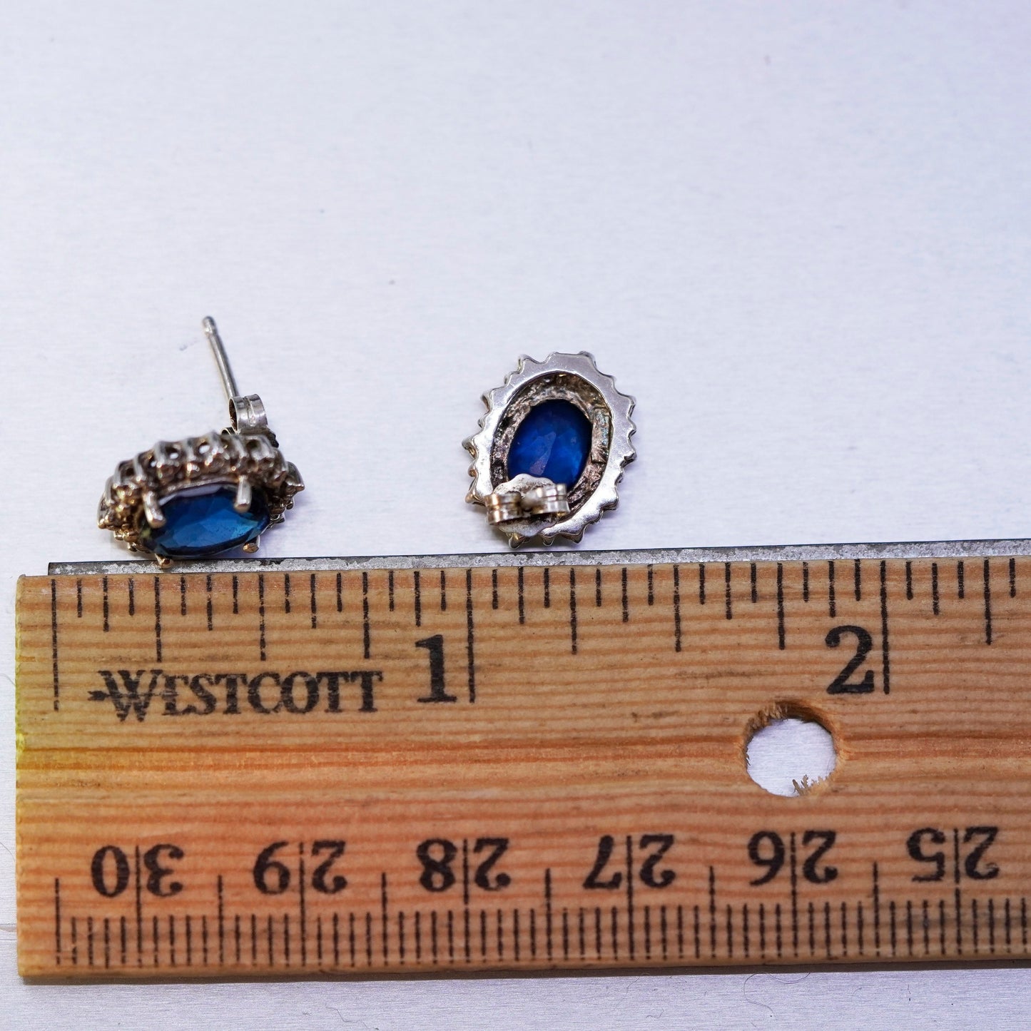 Vintage Sterling 925 silver earrings, studs with sapphire and diamond