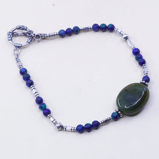 7.75”, vtg handmade bracelet, azurite malachite beads chain sterling 925 silver