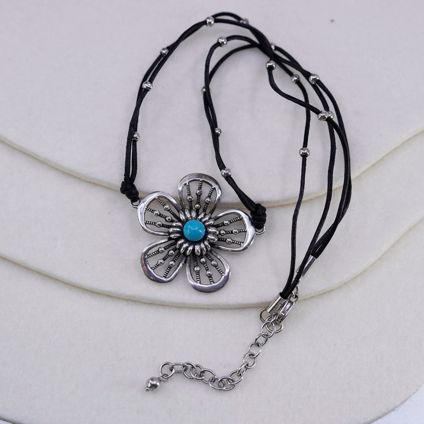 16+2”, 925 Sterling Silver Handmade black Leather Necklace flower pendant