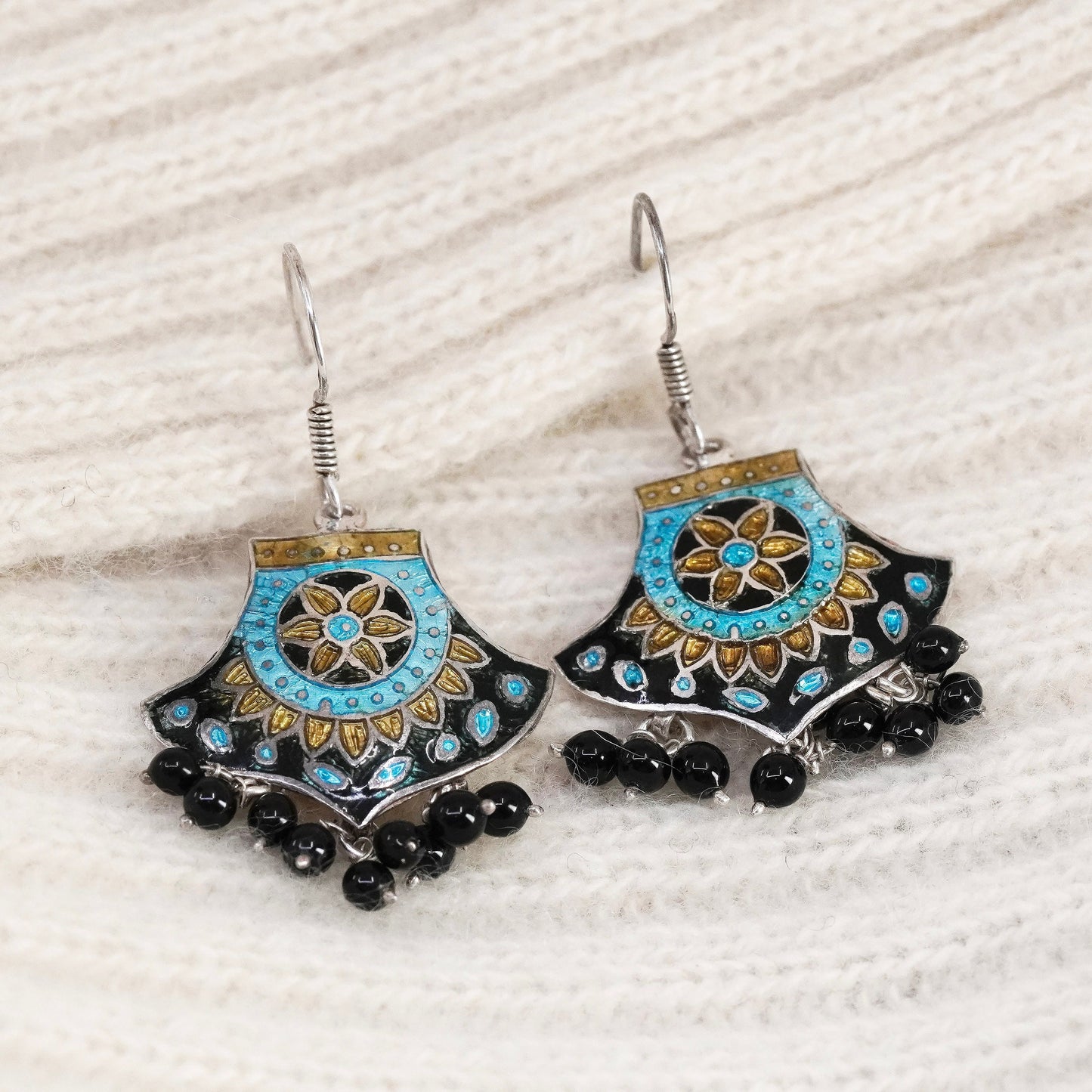 sterling 925 silver handmade earrings blue enamel and cluster obsidian beads