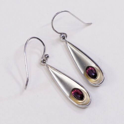 Vtg two tone Sterling Silver Teardrop Earrings, Southwestern 925 dangles W/ Ruby