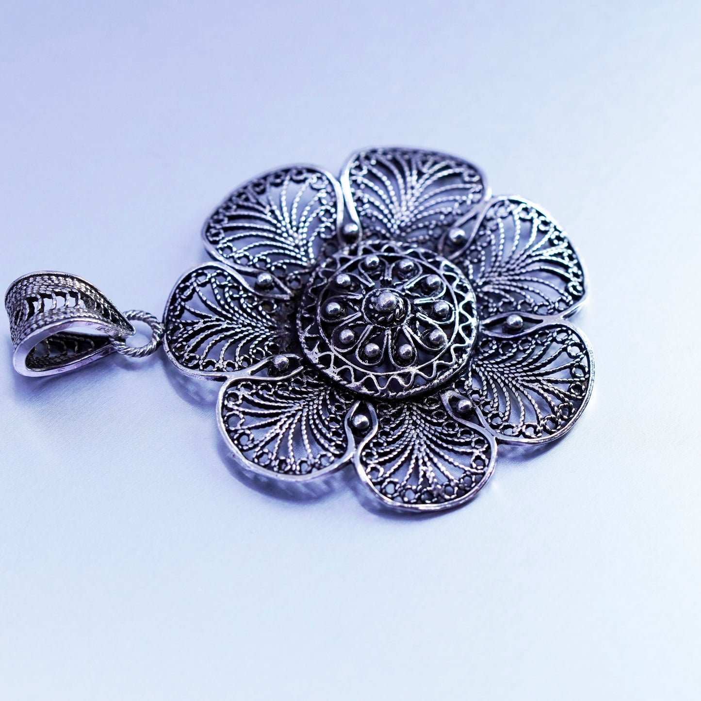 antique sterling 925 silver filigree flower pendant charm