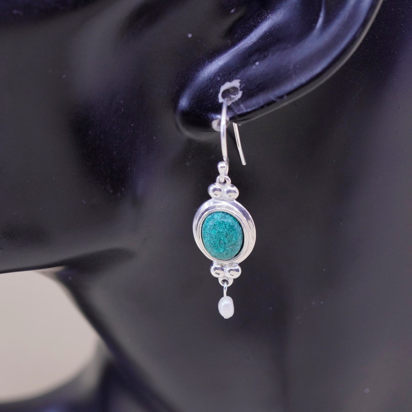 CCO Sterling 925 Silver earrings with oval turquoise inlay and pearl drops