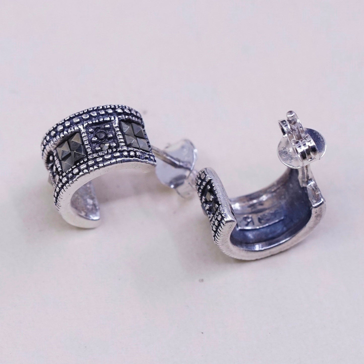 vtg Sterling silver handmade earrings, 925 Huggie studs w/ marcasite