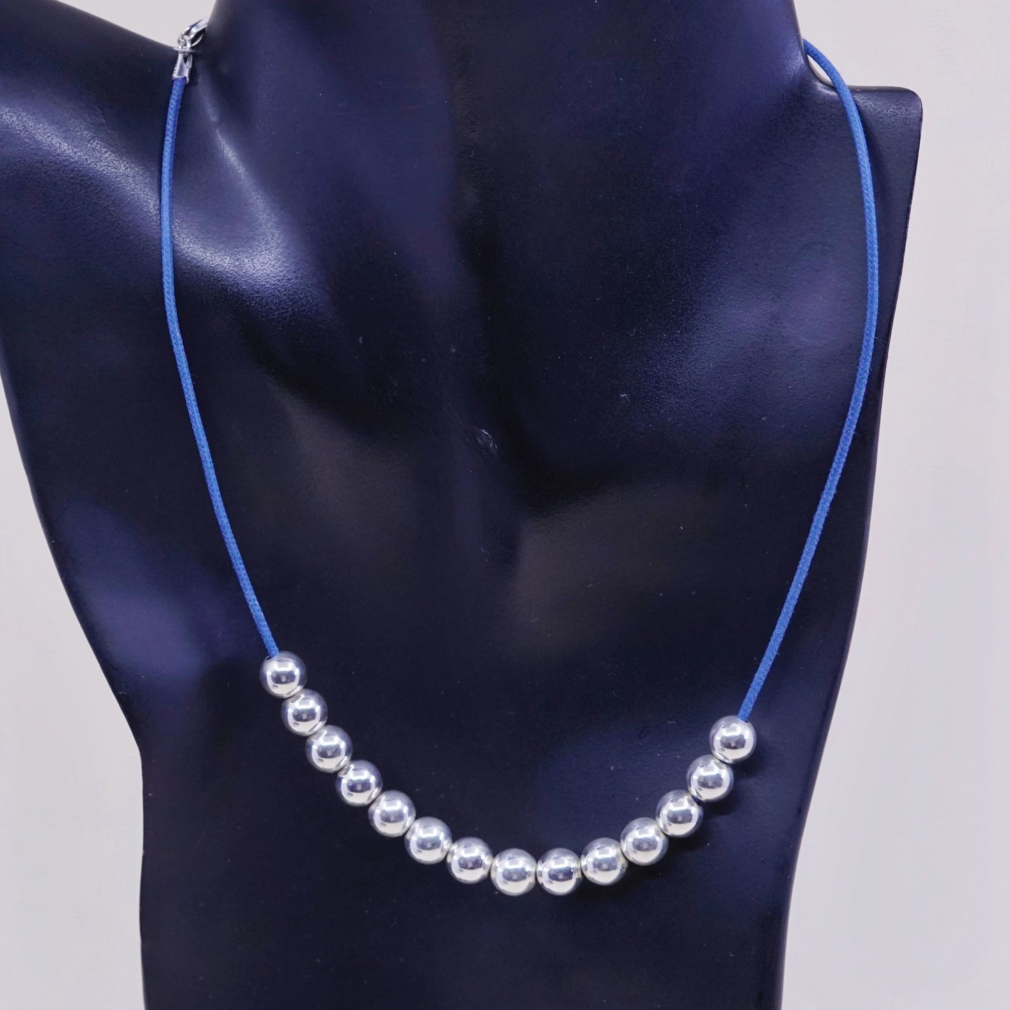 16+2”, Vintage sterling 925 silver handmade beads necklace, blue linen chain