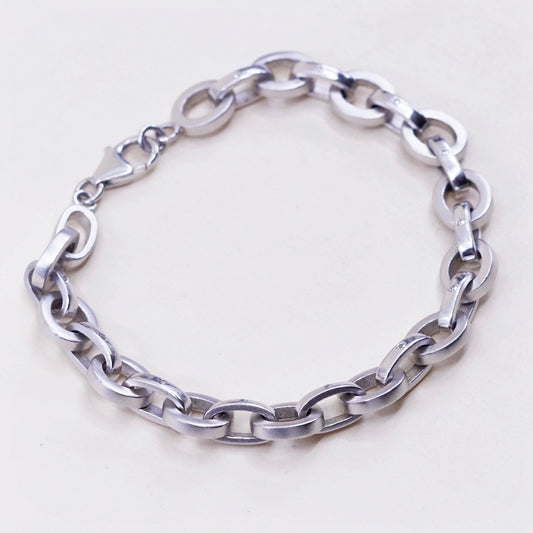 7.25”, vtg sterling silver handmade bracelet, matted 925 oval chain w/ diamond
