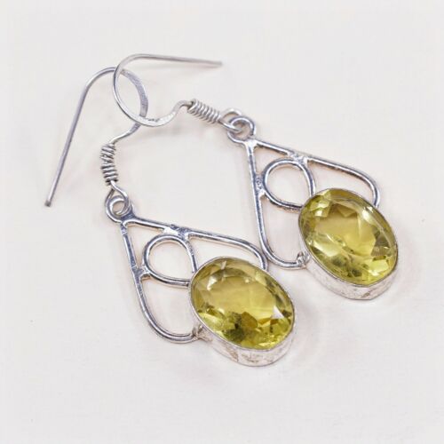 Vtg Sterling Silver Handmade Earrings, 925 Dangles W/ Oval Shaped Citrine