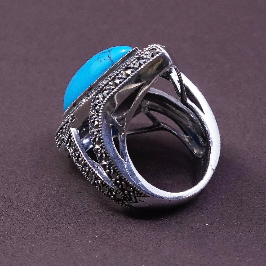 sz 7.25, Sterling silver handmade ring, 925 w/ teardrop turquoise and marcasite