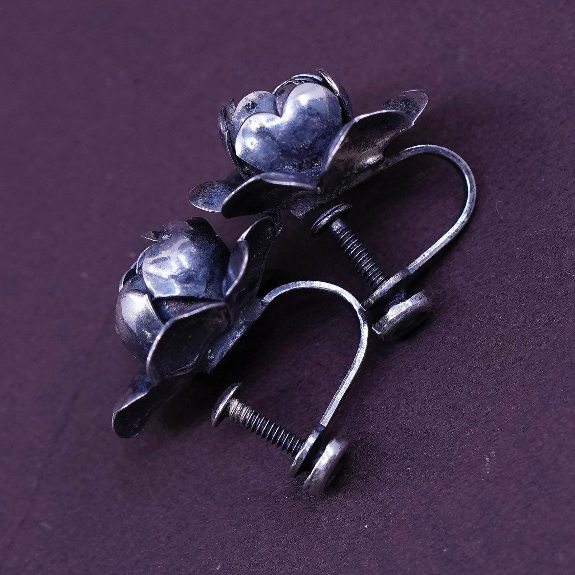 vtg Sterling silver handmade screw back earrings, 925 flower, stamped sterling