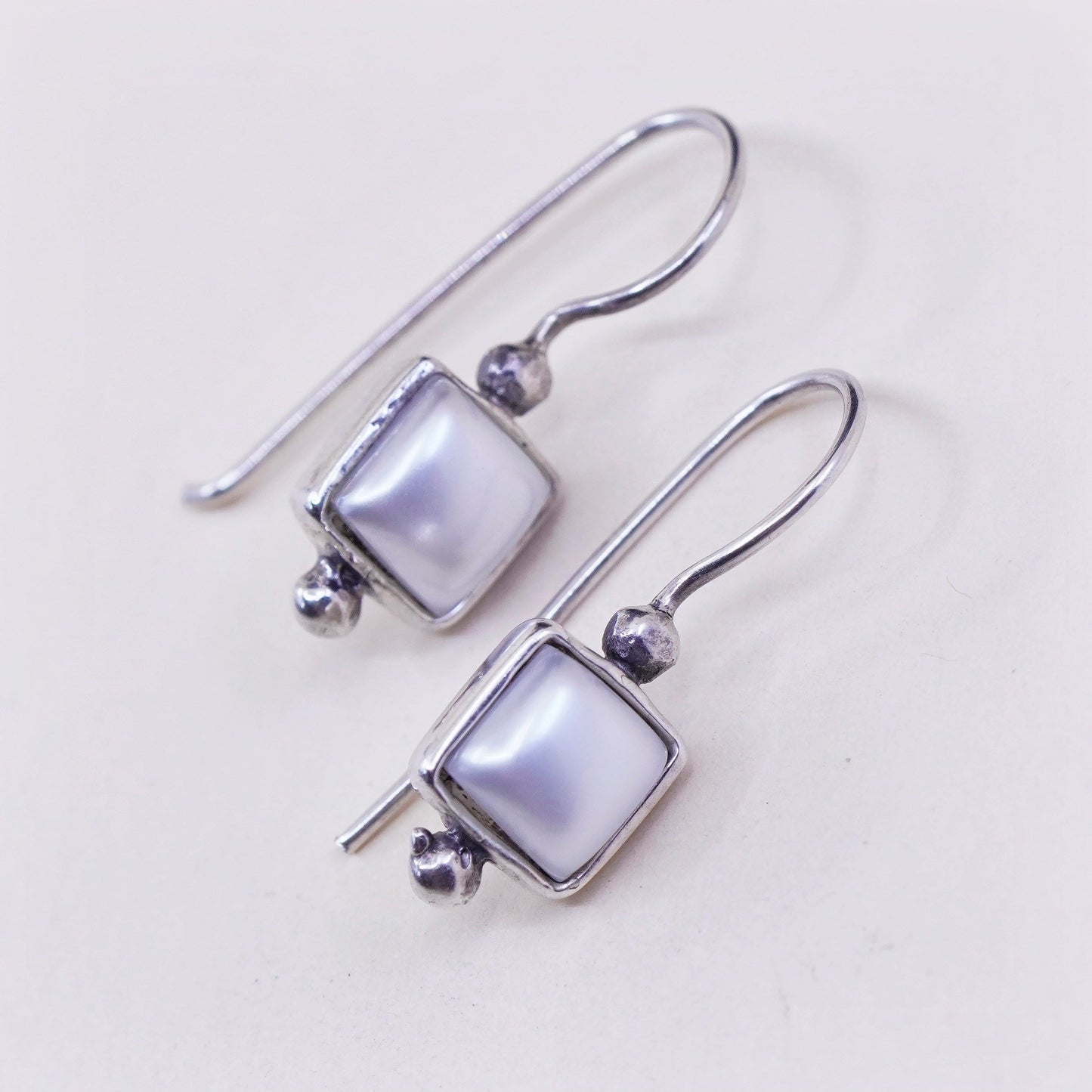 Vintage Sterling 925 silver handmade earrings with square pearl drops