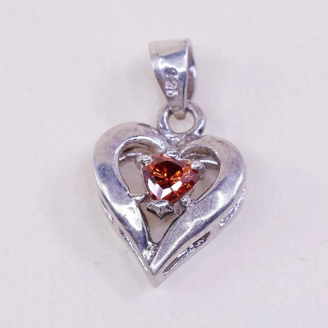 VTG sterling silver pendant, 925 silver heart pendant with ruby