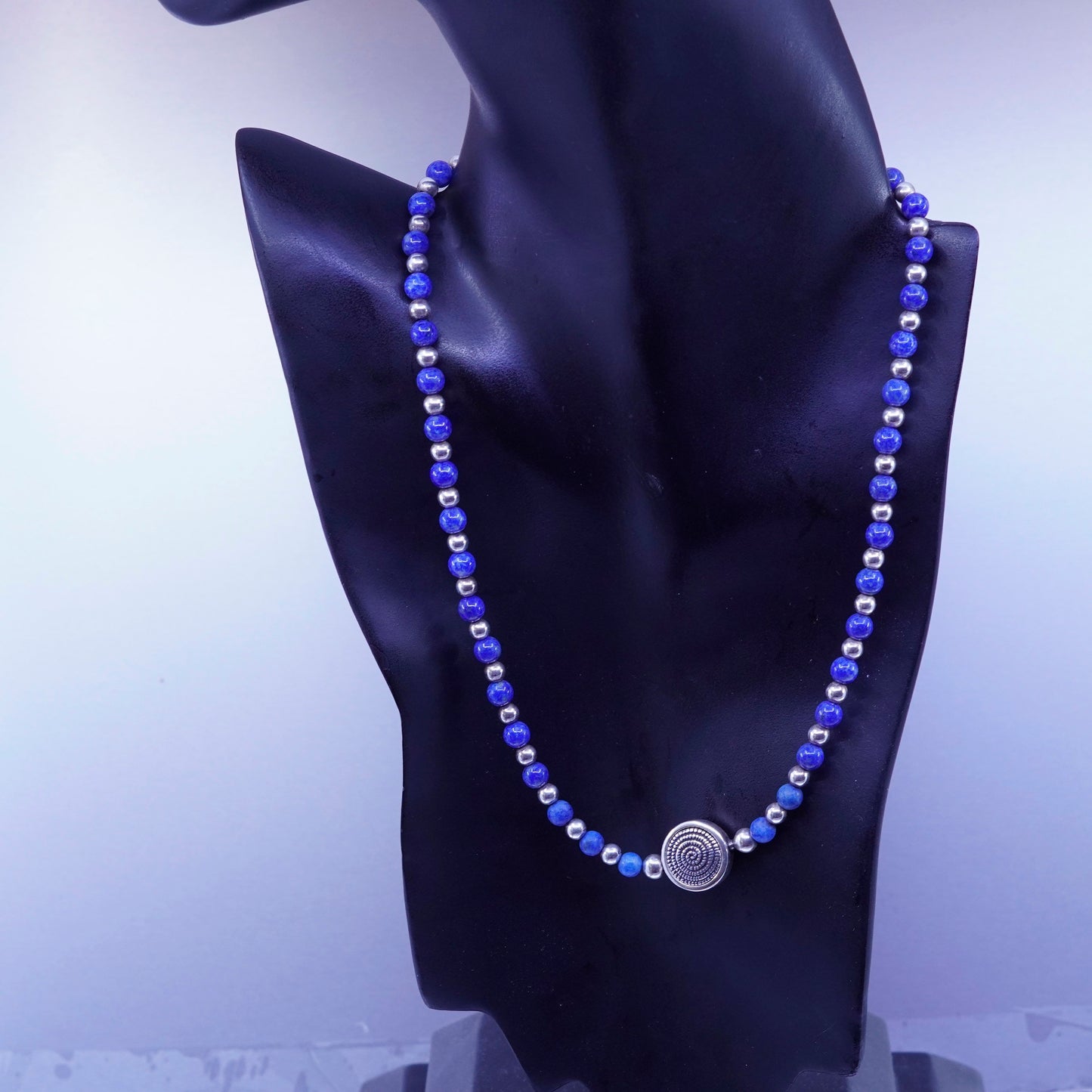 19”, Vintage Carolyn pollack Sterling 925 silver necklace lapis lazuli beads