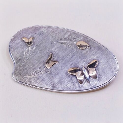 Vtg 925 Sterling 925 Silver Handmade Brooch Pin W/ 18K Gold Butterfly N Flower