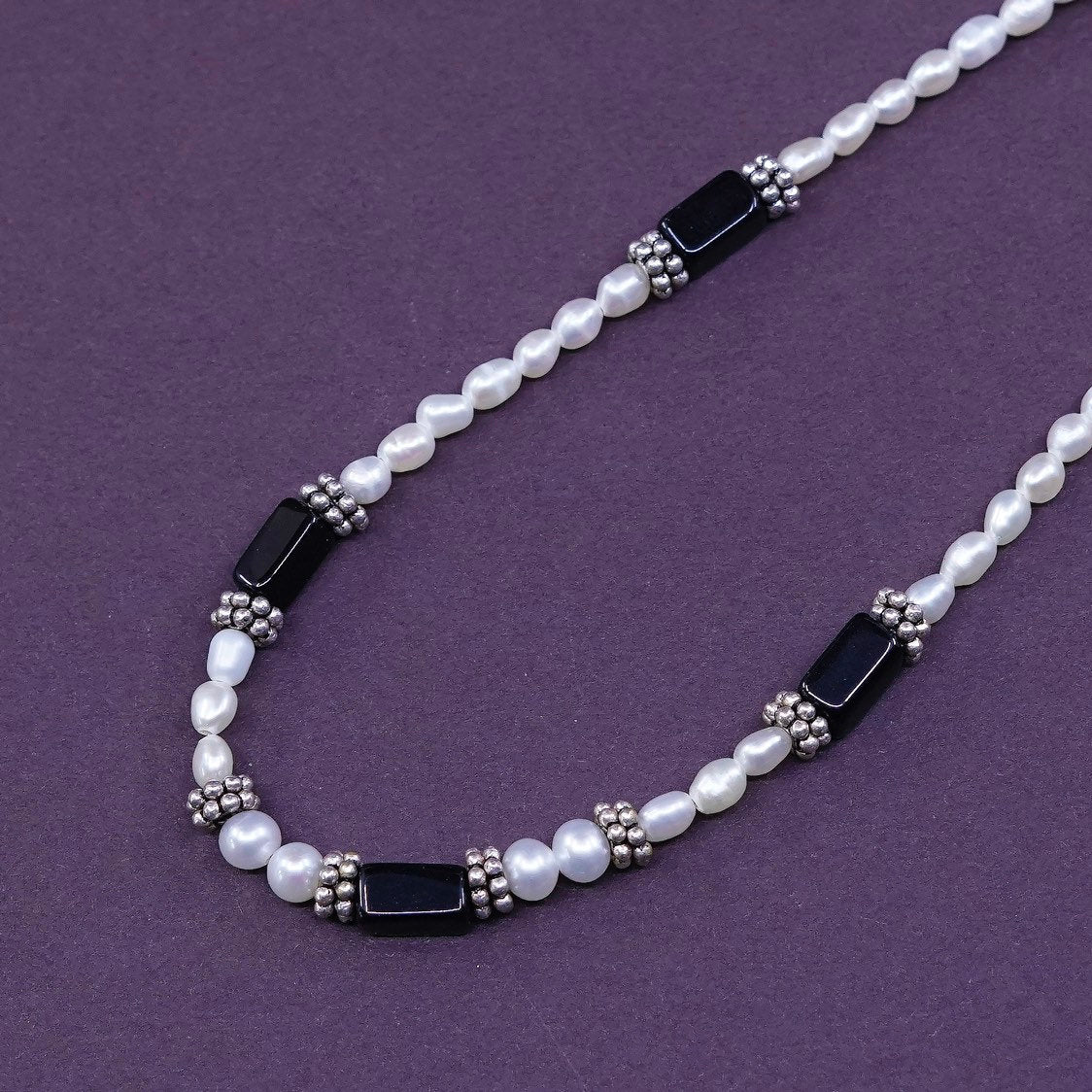 21+1, freshwater pearl N obsidian beads necklace, 925 sterling silver clasp