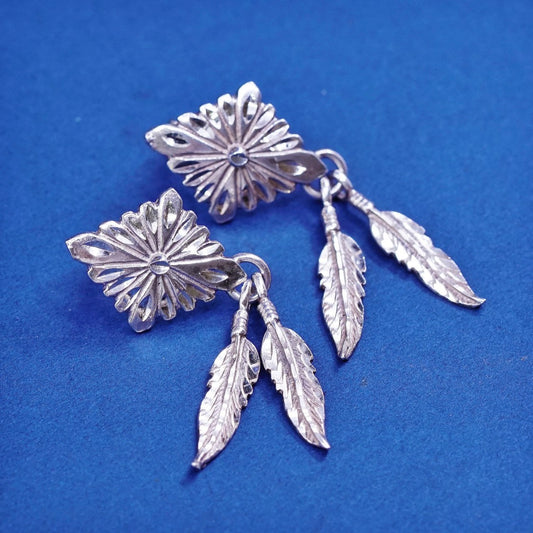 vtg Sterling silver handmade earrings, 925 studs w/ feather dangles