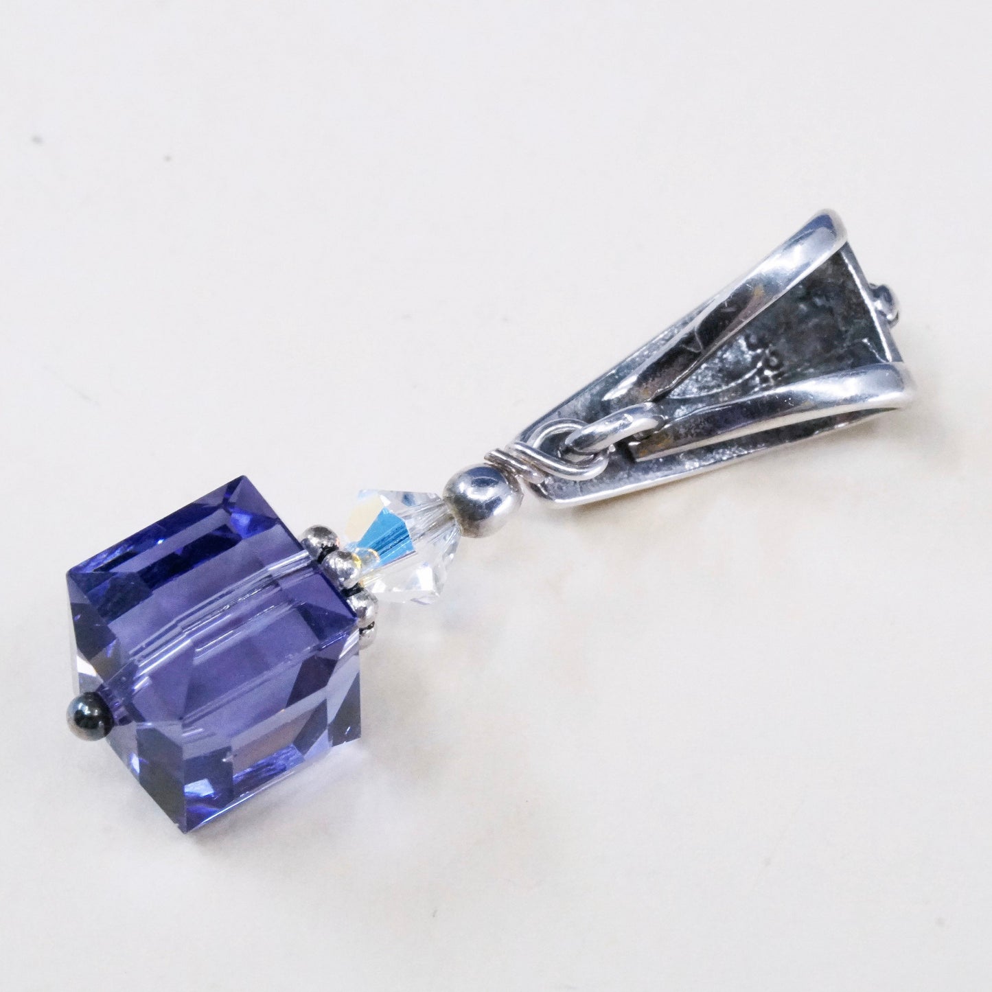 vtg Sterling 925 silver pendant w/ cube shaped amethyst and crystal