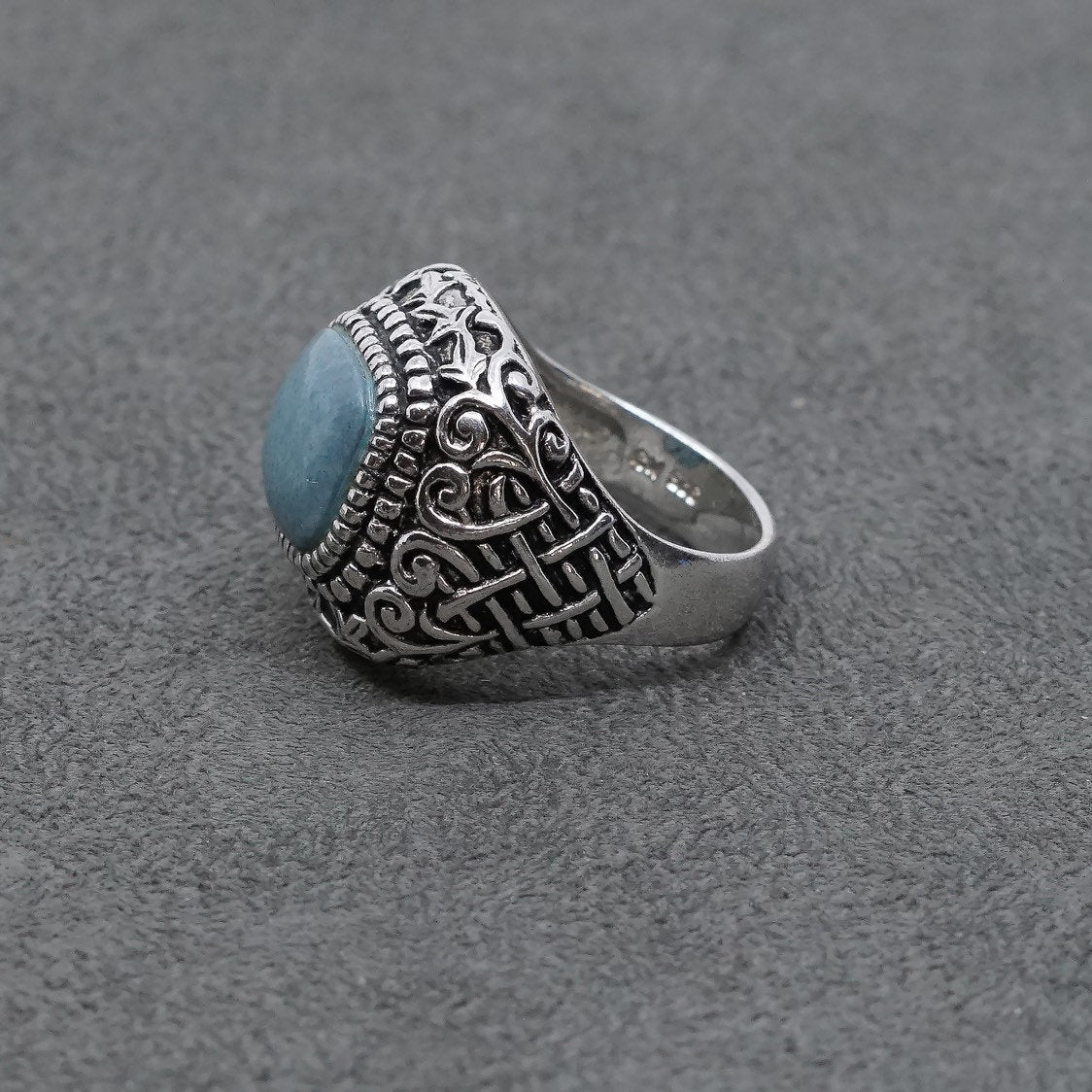 sz 7, vtg Sterling silver handmade ring, 925 w/ turquoise N Bali filigree