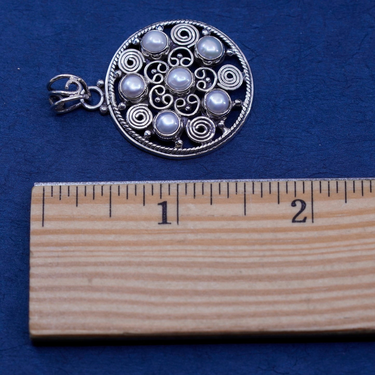 Vintage Sterling 925 silver handmade filigree pendant with cluster Pearl