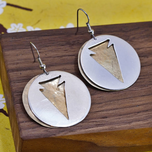 vtg two tone Sterling silver handmade earrings, 925 brass hammered disc arrow