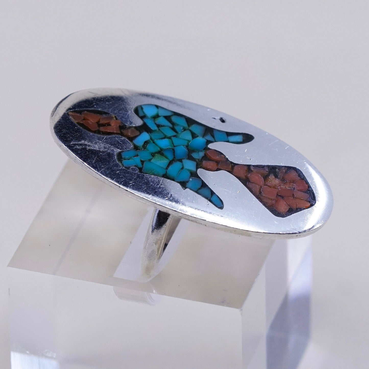 sz 6, natives American Sterling silver handmade ring, 925 turquoise coral bird