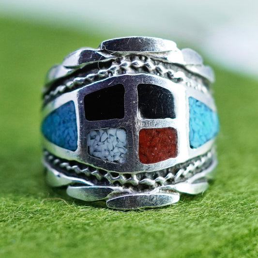 Size 8, Native American sterling silver Zuni ring, 925 wrap band turquoise