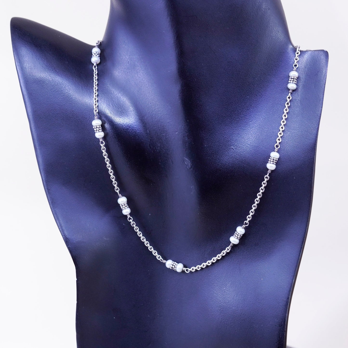 16”, Sterling 925 silver handmade necklace, circle chain with 3freshwater pearl