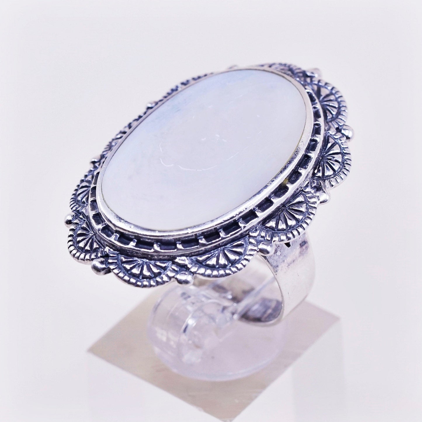 sz 10, vtg CFJ sterling silver handmade w/ opal MOP modern 925 cocktail ring