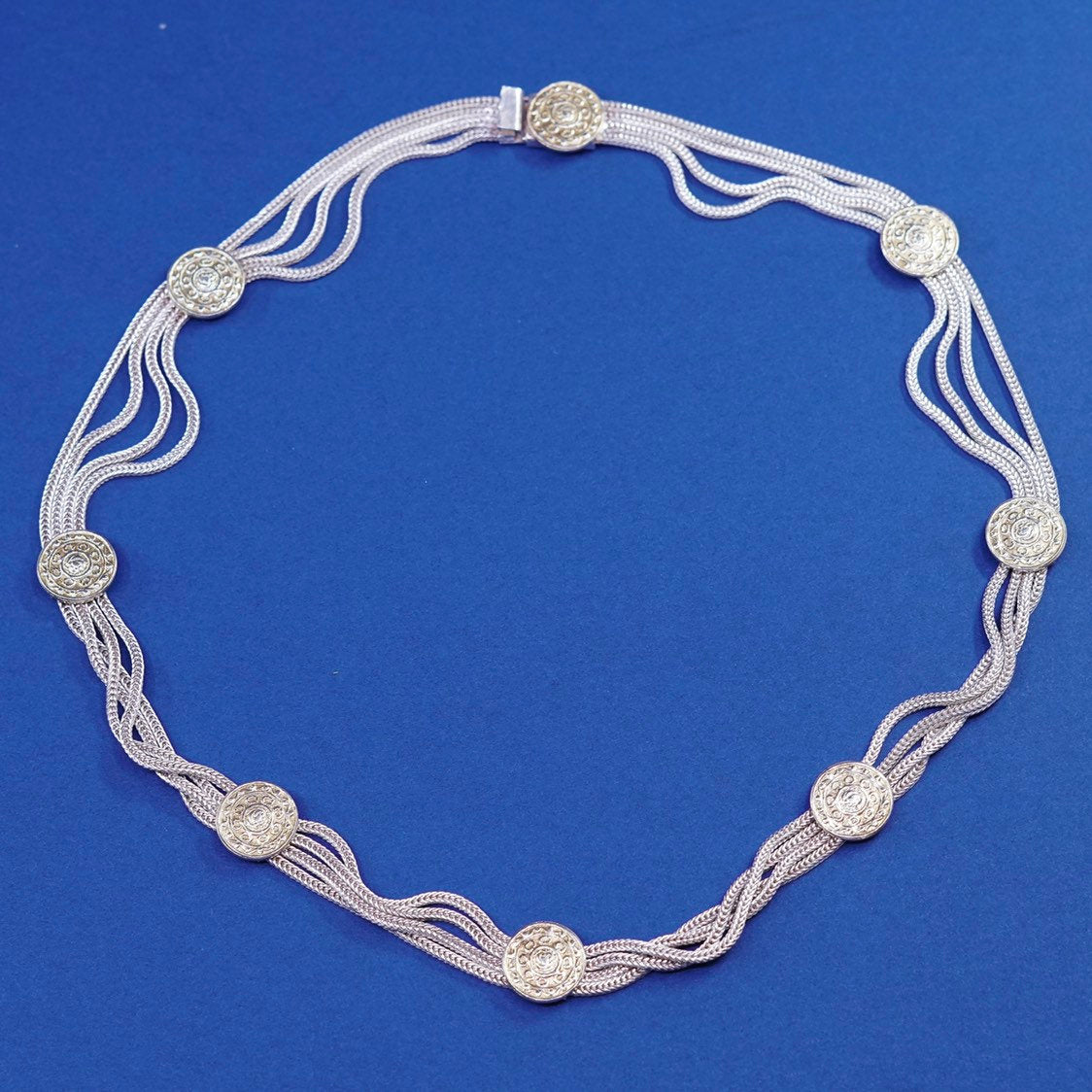 18”, VTG Turkish sterling silver necklace, 925 wheat chain ww/ith 14K gold disc