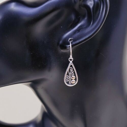 Vtg two tone Sterling Silver Earrings, 925 Filigree Teardrop W/ 14K Beads