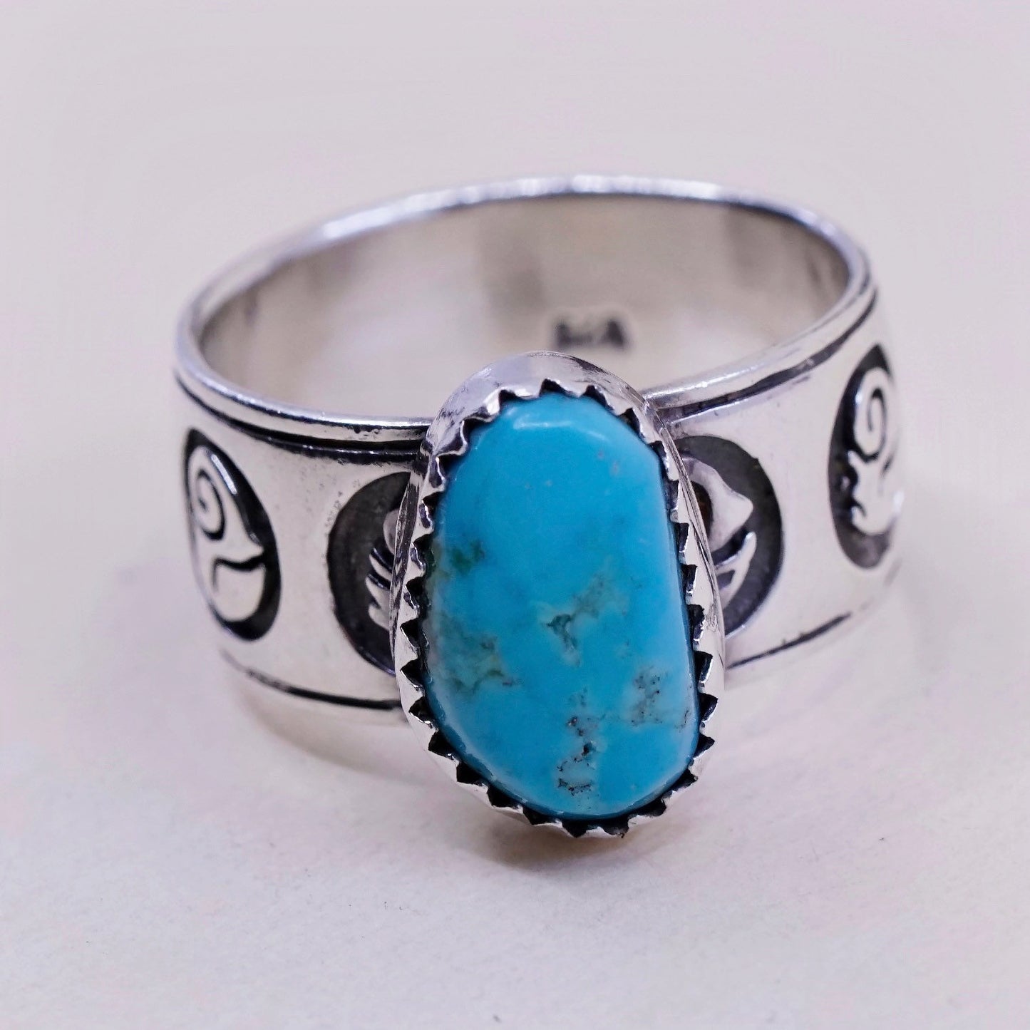 sz 7, vtg sterling silver ring, handmade 925 band embossed dragon w/ turquoise