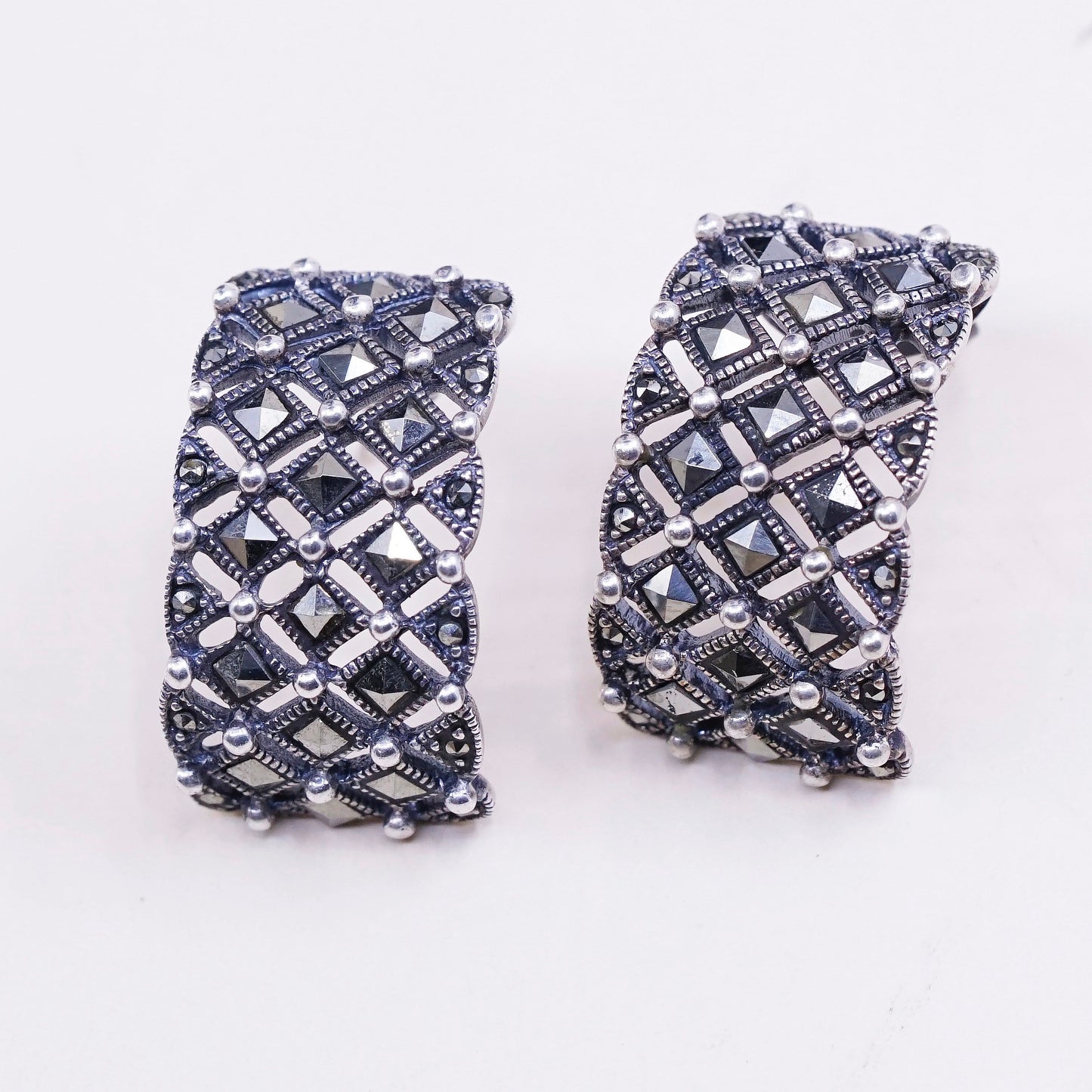 Vintage Sterling silver handmade earrings, solid 925 studs with marcasite