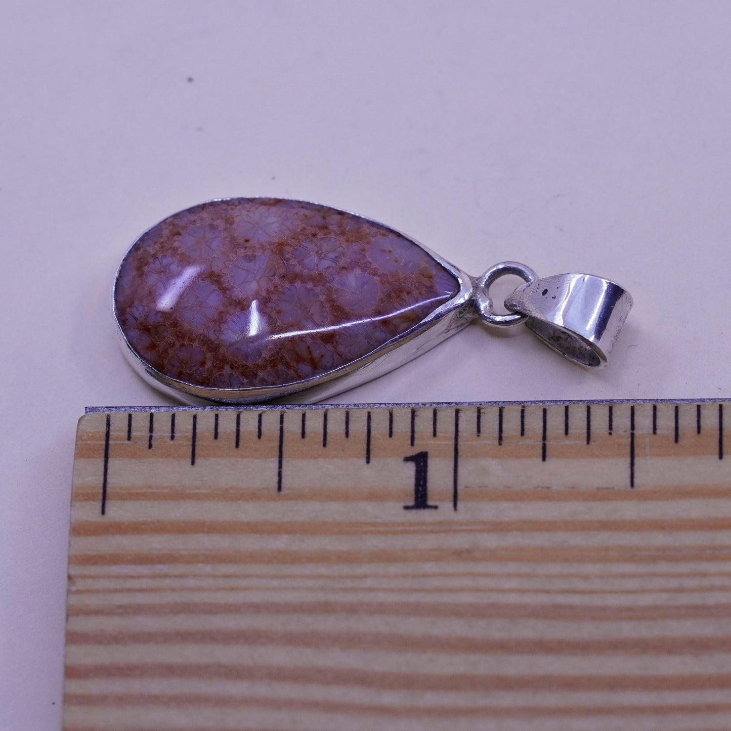 sterling silver handmade pendant, Native American, 925 teardrop fossil coral