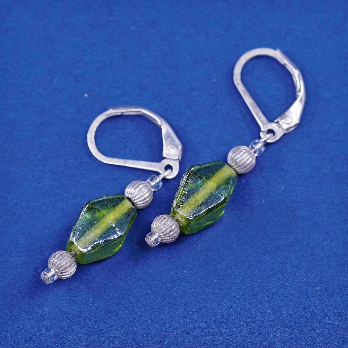 vtg sterling silver handmade earrings, 925 w/ green glass bead