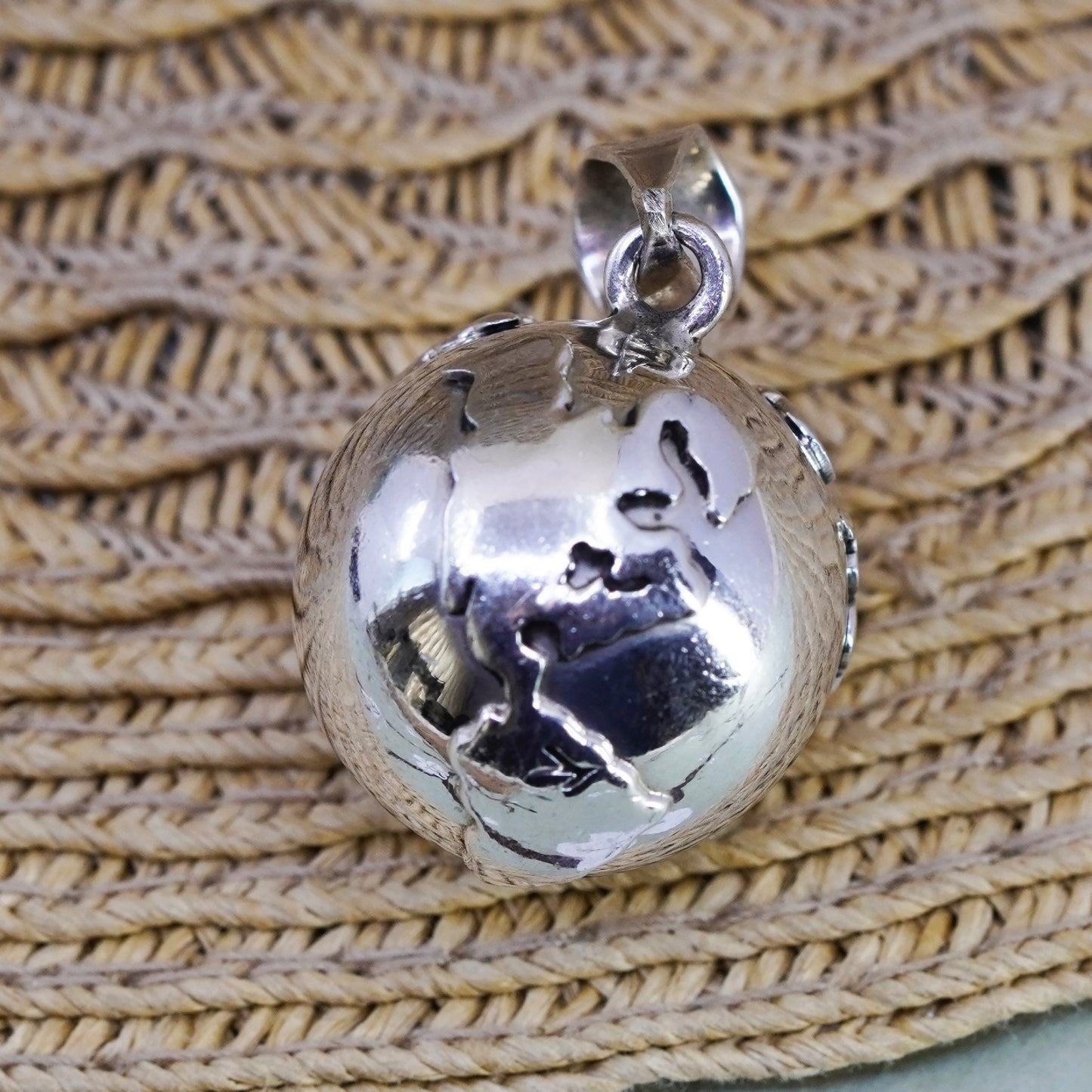 vtg Sterling silver handmade pendant, world map 925 harmony bell chime heart