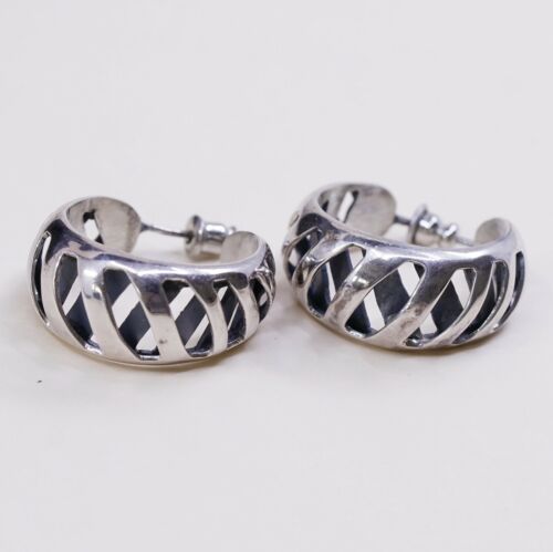 1”, Vtg 925 Mexico Sterling Silver Handmade Hoop Earrings W/ Crossed Texture