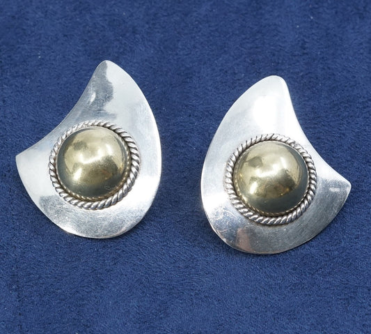 vtg two tone Sterling silver handmade earrings, mexico 925 studs w/ cable