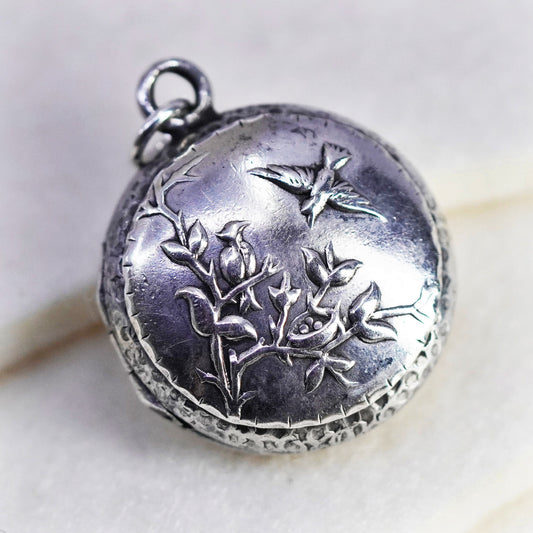 Antique Sterling silver charm, 925 circle photos locket with bird floral relief