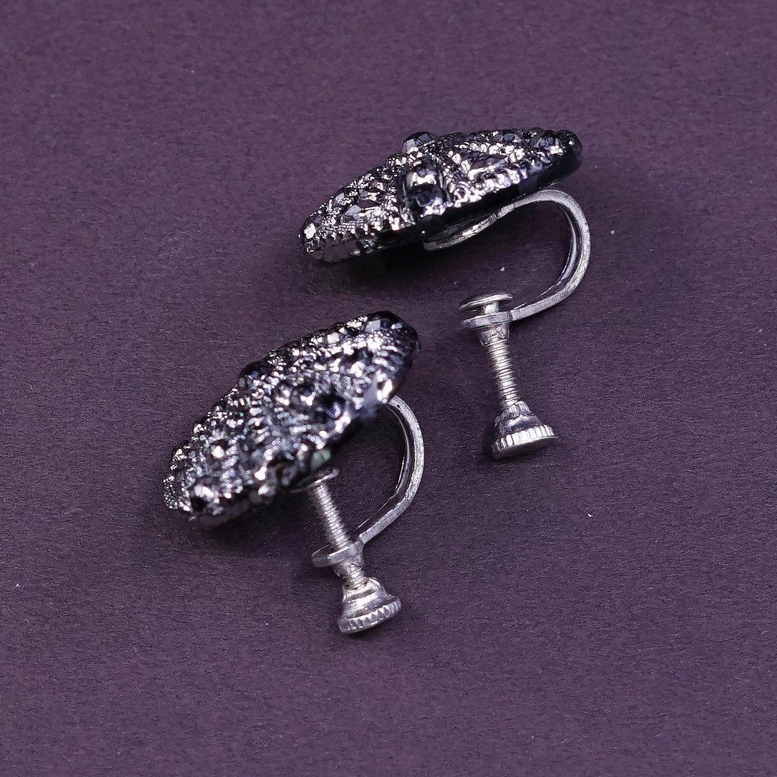 VTG Sterling silver handmade screw back earrings, 925 w/ druzy obsidian