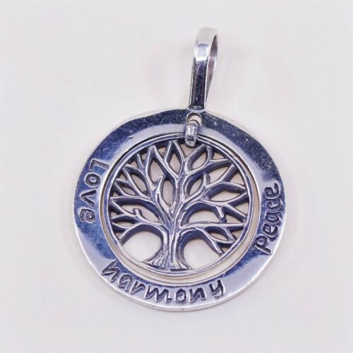 Vtg Sterling Silver Pendant, 925 Filigree tree Charm Embossed Love Harmony Peace