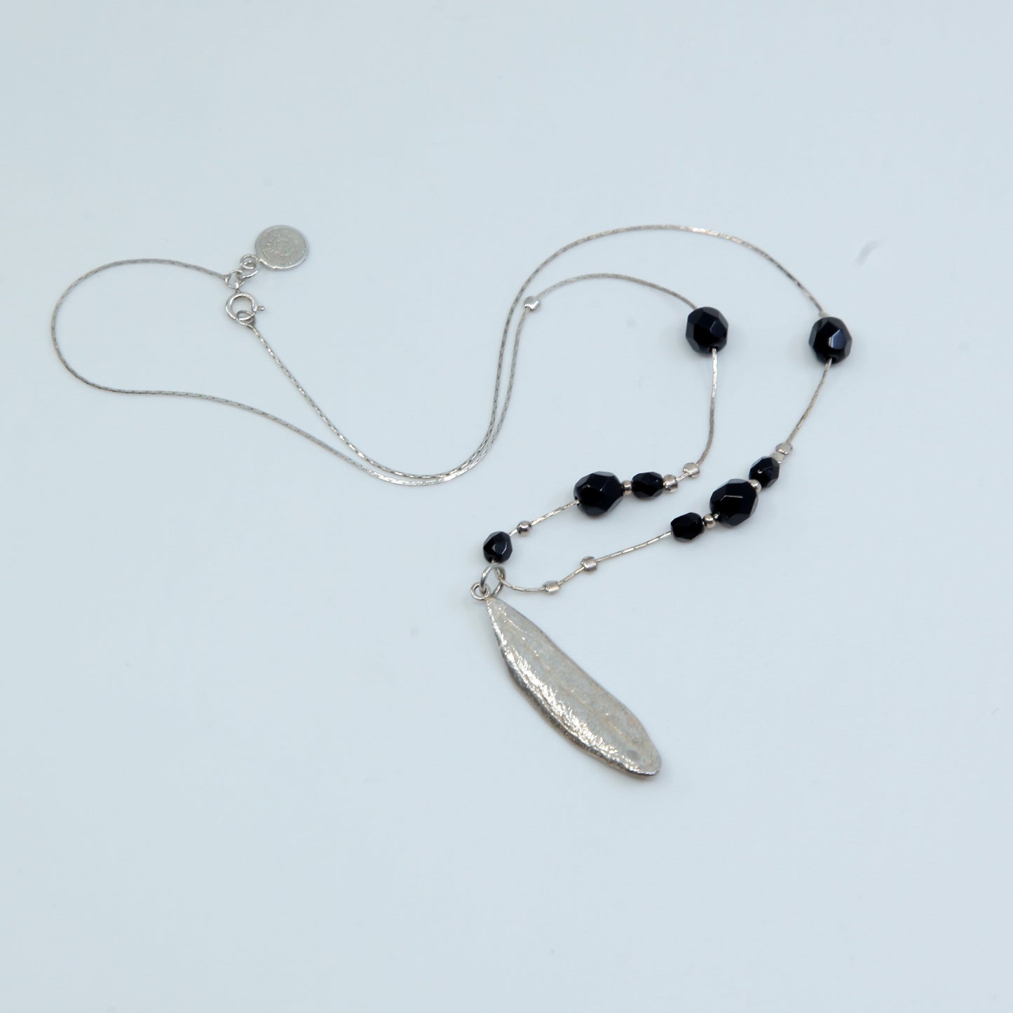 16", Sterling silver handmade necklace, 925 snake chain leaf pendant obsidian