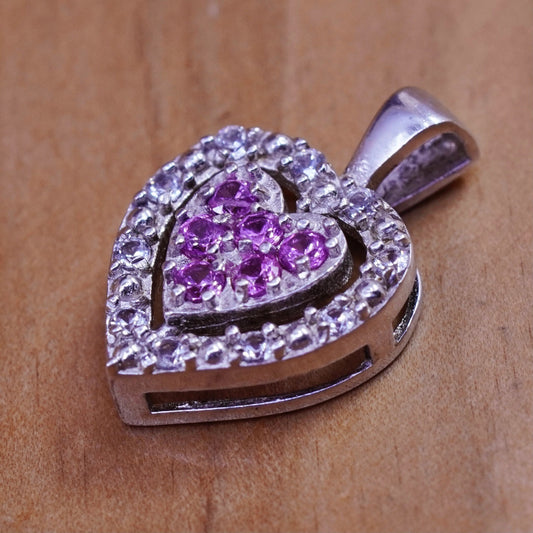 Vintage Sterling 925 silver filigree heart pendant with pink Cz